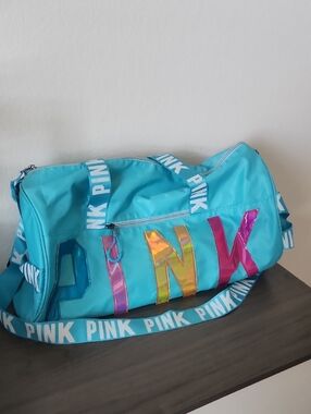 PINK Victoria's Secret Turquoise Duffel with Iridescent Lettering